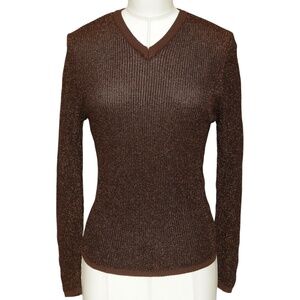 ROMANOFF Brown Sweater Knit Top Metallic V-Neck Long Sleeve Viscose XS VINTAGE